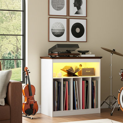 Farmhouse Large Record Player Stand With Power Outlets & LED Lights, Vinyl Record Stand Hold Up To 150 Albums, Turntable Stand For Living Room, Bedroo by Ophelia & Co.