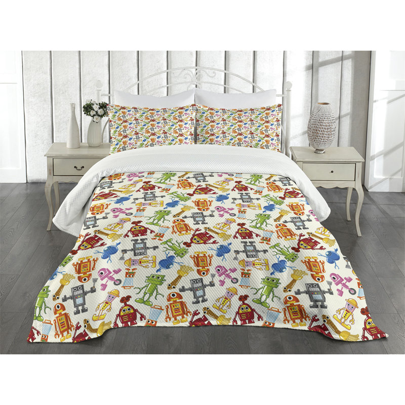 Ambesonne Robot Bedspread Set  Boys Cartoon Robot Science  Multicolor, King Coverlet / Bedspread + 2 Standard Shams