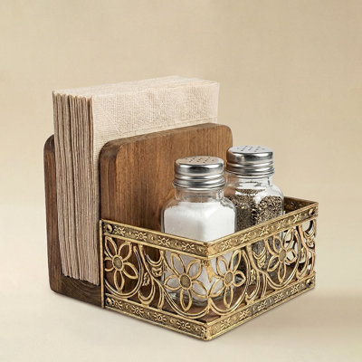 Vintage Floral Napkin Holder With Spice Caddy, Hollow Copper Gold & Rustic Solid Wood