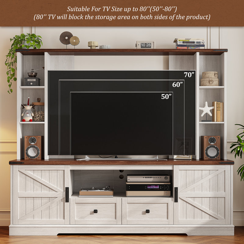 Farmhouse Entertainment Center For 55 Inch Tv, With 2 Led Lights, Power Outlets & Storage Shelf, White