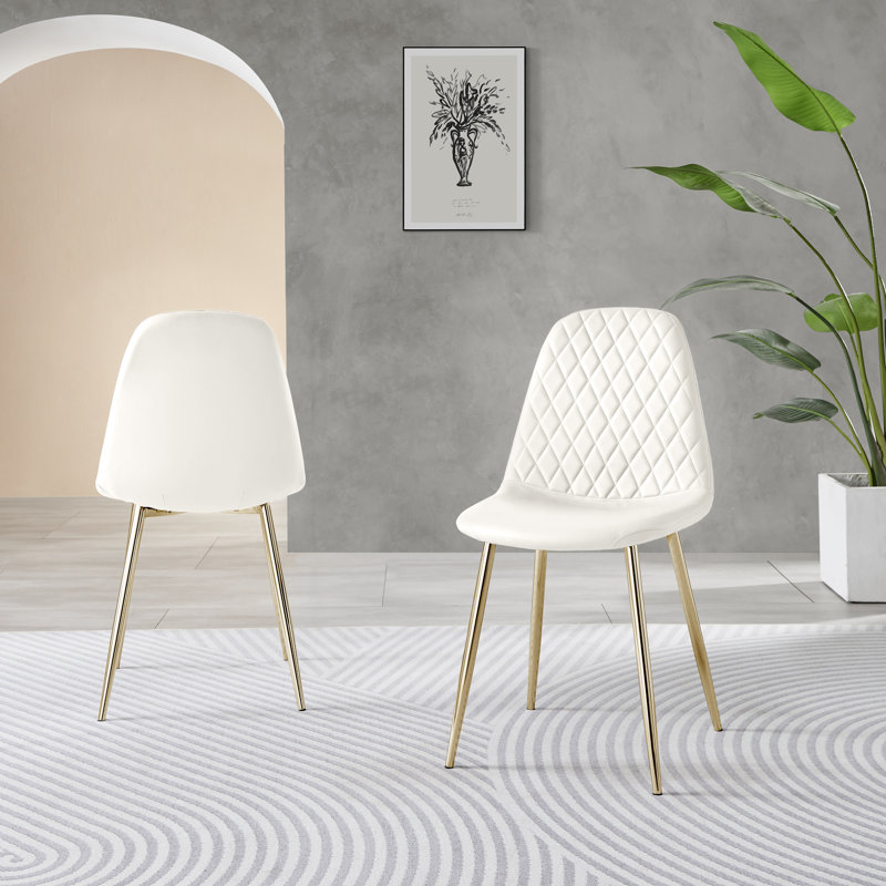 Corova Faux Leather Modern Dining Chairs with Metal Tapered Legs & Diamond Stitching, White, Gold