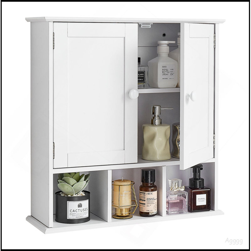 Bathroom Wall Cabinet, 2 Doors & Adjustable Shelf, Over The Toilet Storage Medicine Cabinet Wall Mounted, Hanging Organizer With Shelves & Open Partition For Laundry Room Kitchen Restroom, White