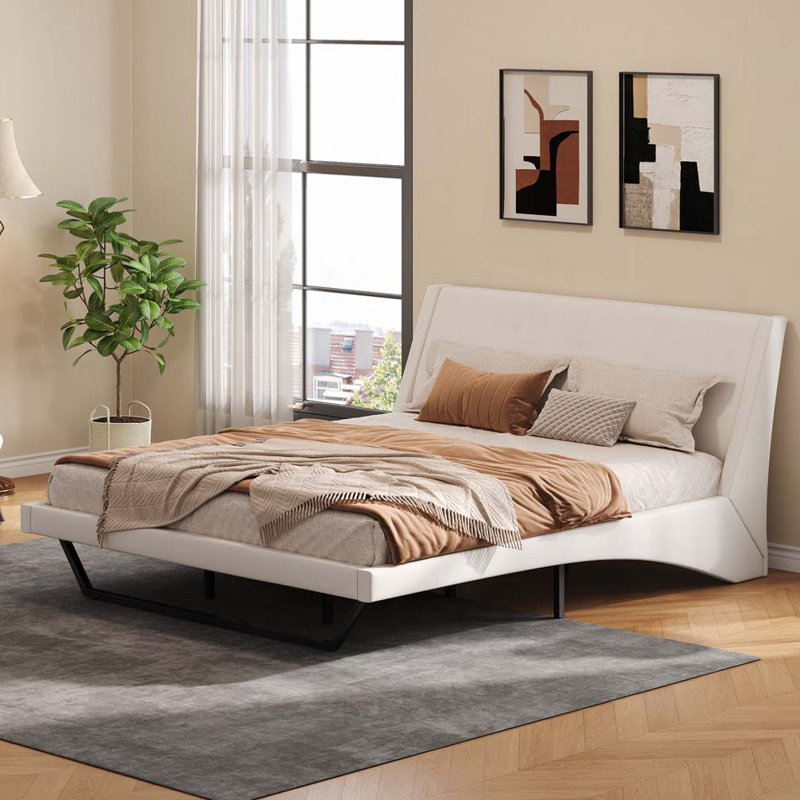 Pu Leather Upholstered Bed Frame, White, Queen