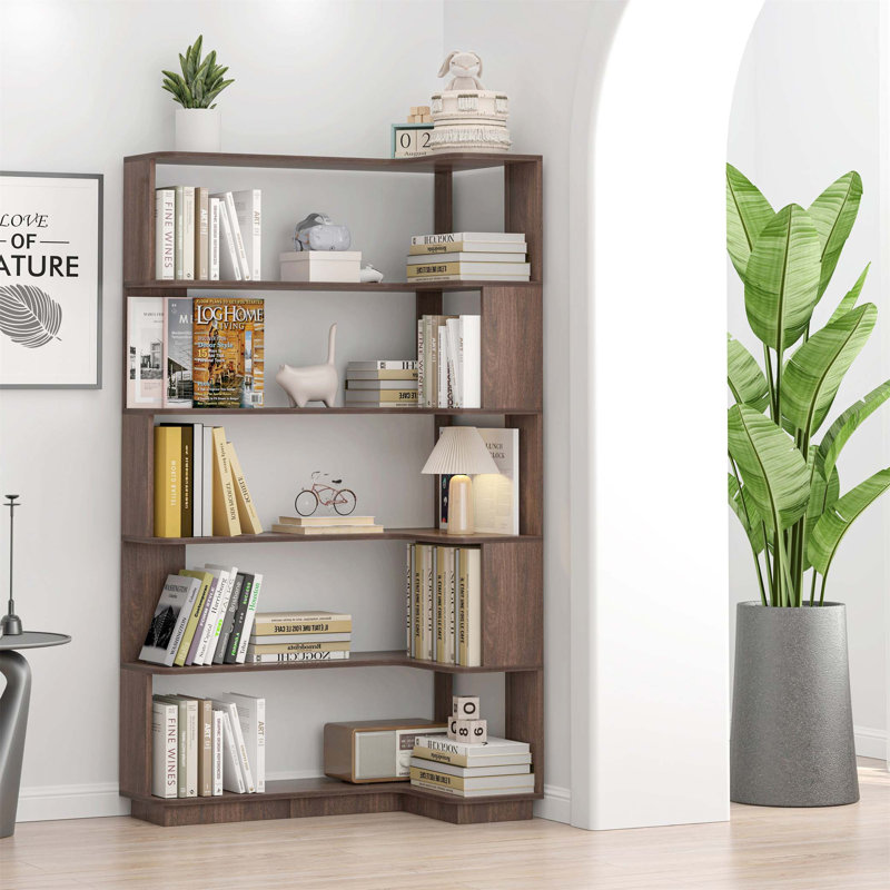 90cm Extended Freestanding Corner Bookshelf with Anti-Drop Panel and Anti-Tipping Device for Home Office and Living Room