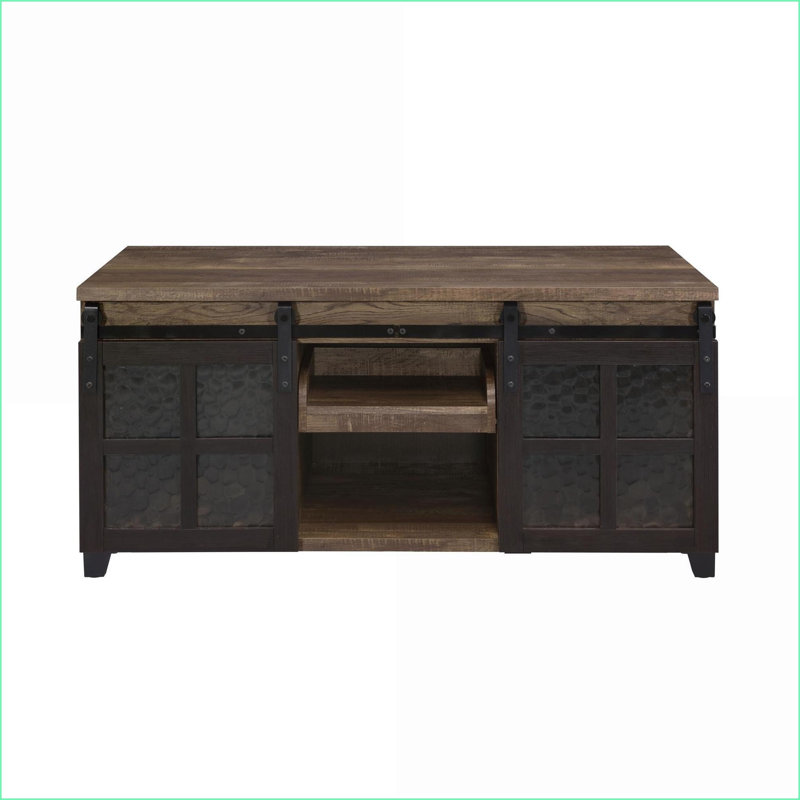 Chêne rustique & amp; Table basse noire avec portes coulissantes en verre - Rangement caché pour le salon