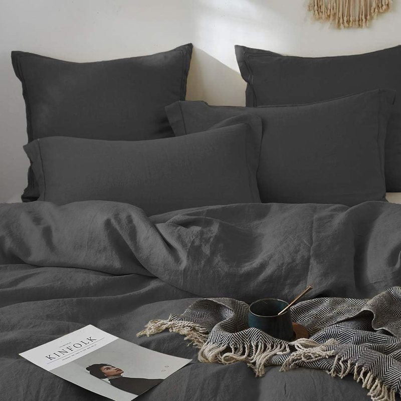 Taies décoratives 100% lin français avec broderie (26 po x 26 po) - paquet de 2 - lin naturel délavé doux et respirant