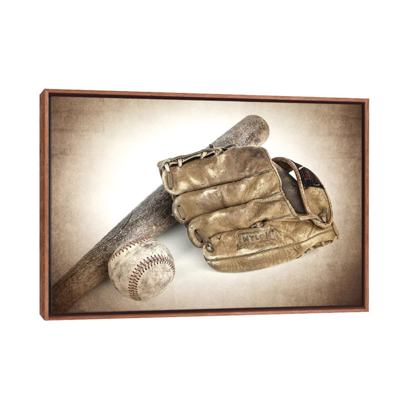 Baseball Bat Glove - Print on Canvas, 66.04 cm H x 45.72 cm W, Classic Brown Wood Framed