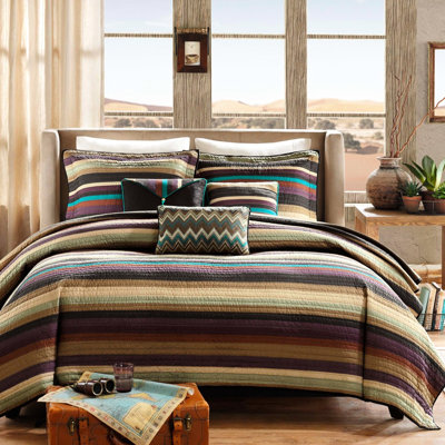 Courtepointe réversible pour lit simple / simple TG, microfibre, rayures bleu sarcelle mauve, motif à rayures en zigzag pour les coussins décoratifs à rayures multicolores