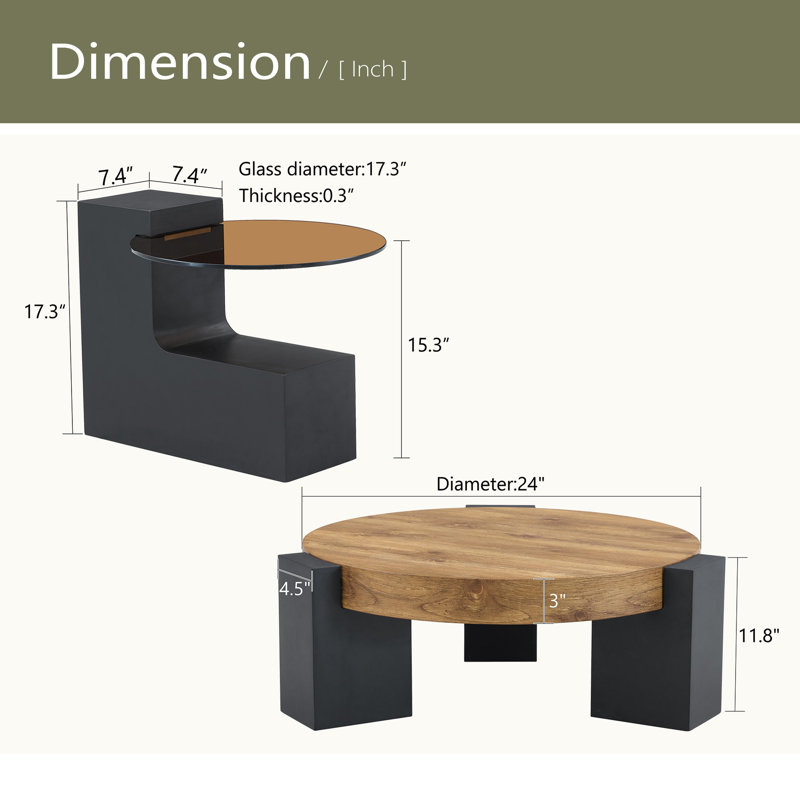 Table basse ronde moderne simple à double couche - Plateau en verre brun transparent avec pieds en MDF noir en forme de L
