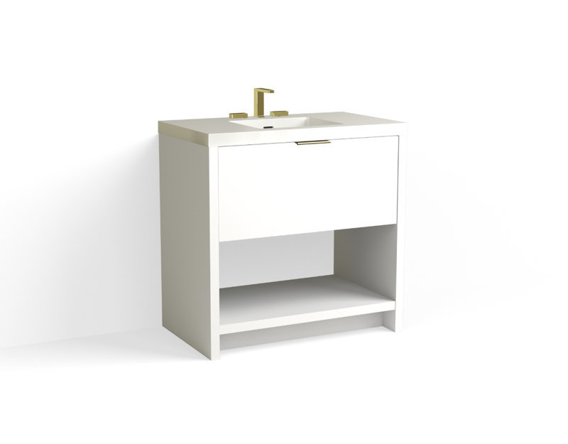 Vista 36" W Freestanding Single Bathroom Vanity, White Gloss, White Nanomatte/Satin Brass, 8" Widespread