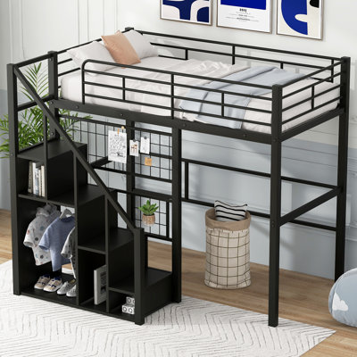 Twin Metal Loft Bed With Storage Staircase
