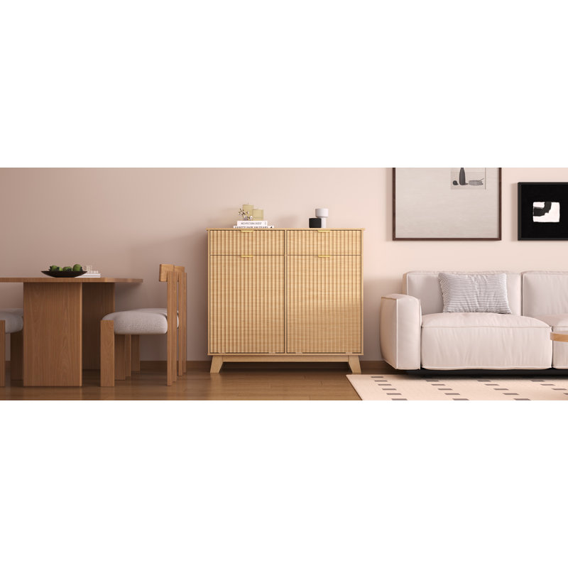 Wave Design 2-Door 2-Drawer Tilt Out Trash Cabinet, MDF Freestanding Kitchen Laundry Storage (Trash Can Not Included), Beige