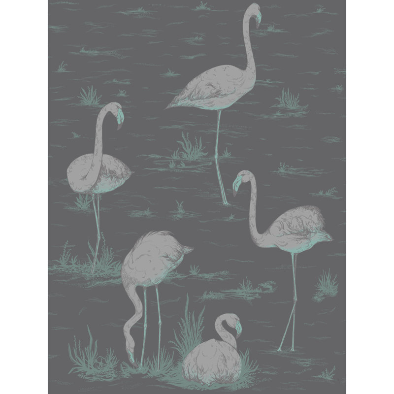 Flamingos Wallpaper Roll, Teal/Silver/Black