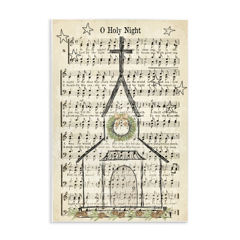 Festive Winter Church Holy Night Musical Script Grey Farmhouse Rustic Oversized Framed Giclee Texturized Art By Andi Metz
