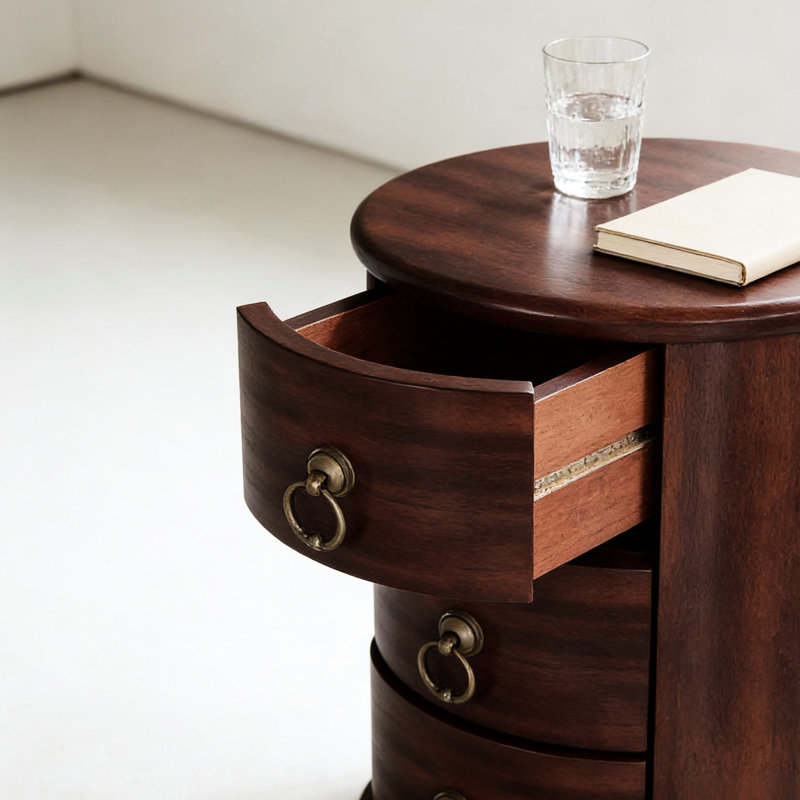 Table d'appoint ronde en bois, 4 tiroirs et poignées en bronze antique, design Mid-Century, convenant aux meubles en bois massif, convient bien au vestibule