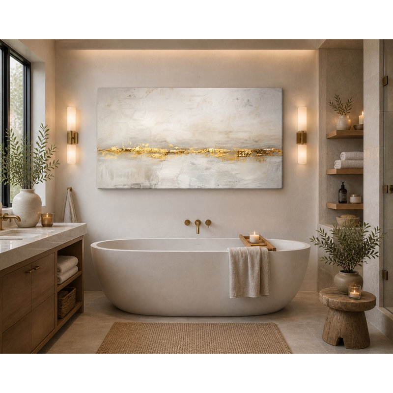 Décoration murale sur toile abstraite dorée, peinture de paysage moderne texturée beige et gris, décoration murale sur toile tendue