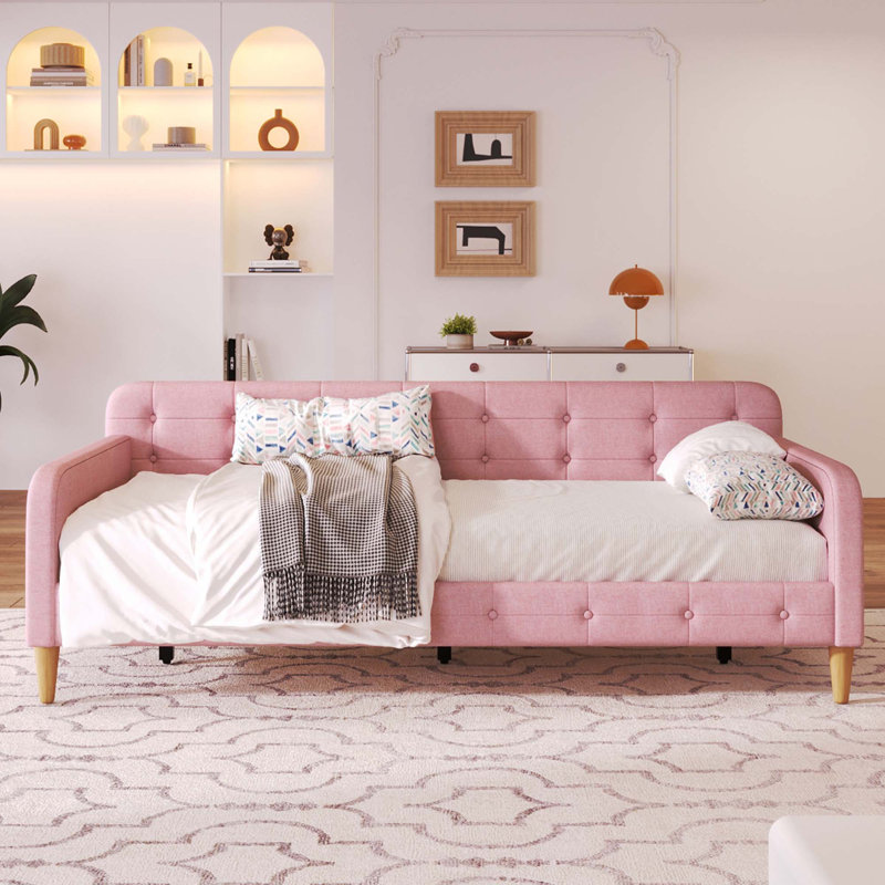 Lit de jour rembourré avec 4 pieds de soutien, Rose