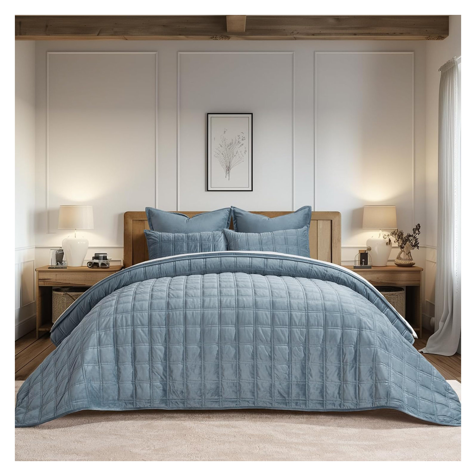 Double Box Stitch Velvet Quilt set, Blue Linen, King Quilt + 2 King Shams