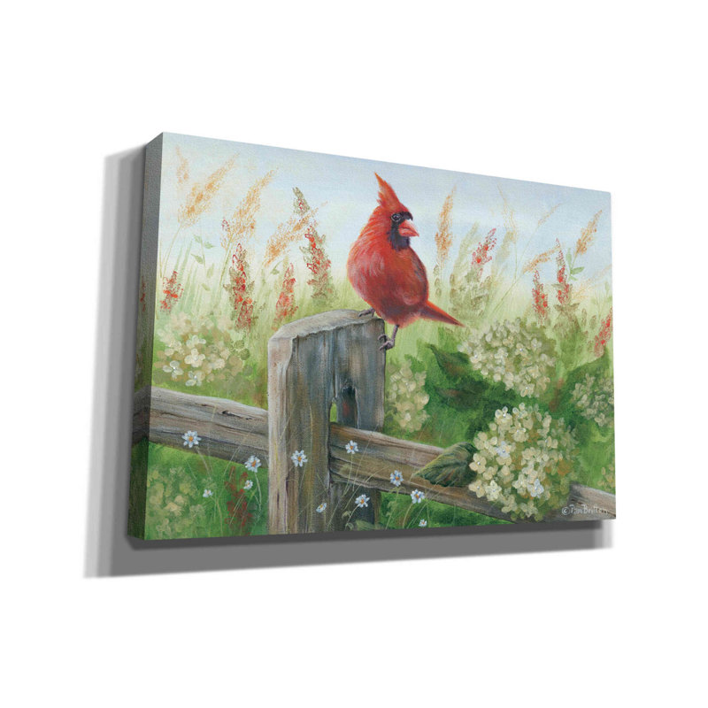 «Cardinal on Fence» par Pam Britton, art mural sur toile, H 18 po x l 26 po x P 0,75 po