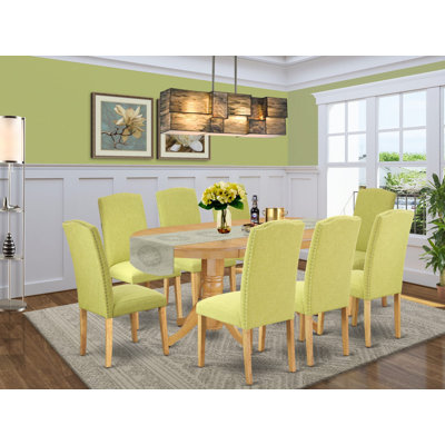 9-Piece Modern Dining Set Consists of a Wooden Dining Table and 8 Linen Fabric Limelight Upholstered Chairs with High Back - Oak Finish