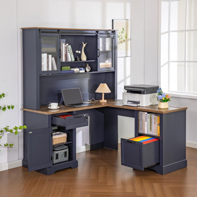 Bureau en L Farmhouse avec huche et portes de grange coulissantes, prises de courant intégrées, tiroir verrouillable et classeur réglable pour le bureau à domicile et la salle d'étude