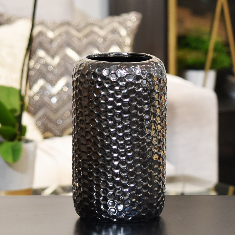Emmylou Ceramic Table Vase, Silver, 10.75" H x 6" W x 6" D