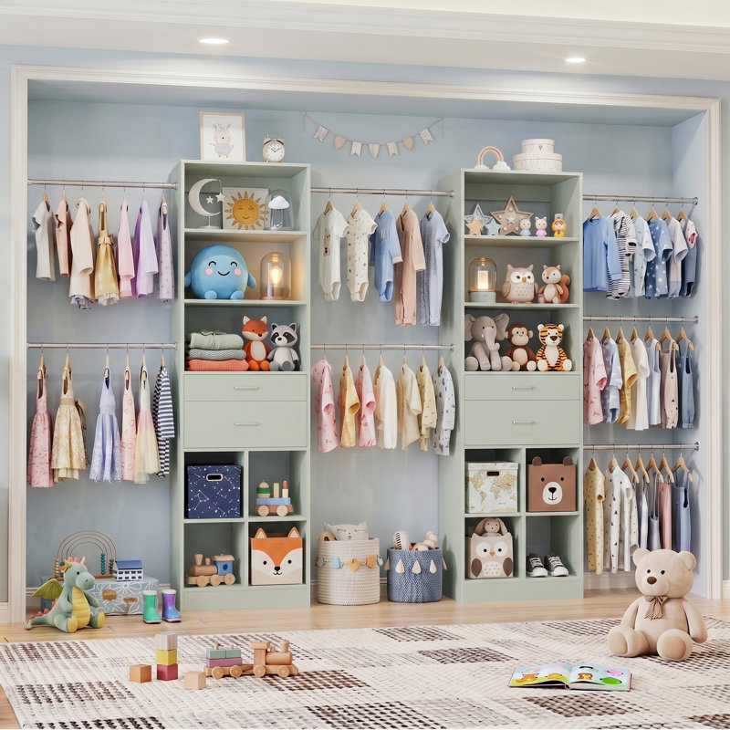 38.9-48.9”Closet System With Adjustable Rods & Drawers, Green