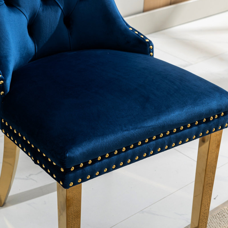 High Blue Velvet Upholstered Dining Chairs, Of 2, With Golden Stainless Steel Plating Legs, Solid Wood Construction And Magnetic Nailhead Trim Exquisite