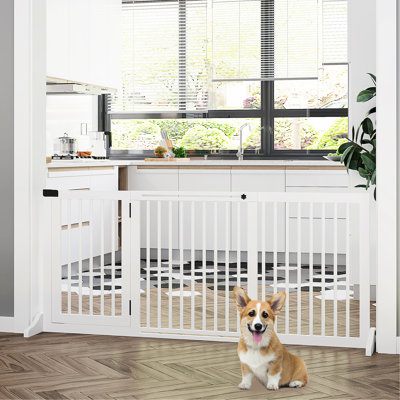 White Wooden Pet Gate. Adjustable 44.5" - 64.04". Freestanding With 3 Panels, Lockable Door, Barrier. For Doorways, Halls, Entryways. Fence Style. Panels Barrier, Door. White. Hall, Doorway,