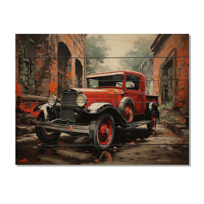 Camionnette rouge rétro Hauler III sur bois, H 24 po x l 32 po x P 0,78 po