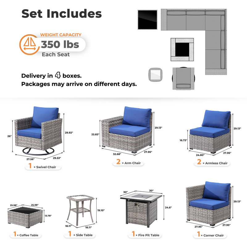 6-person Outdoor Sectional With Cushions,swivel Rockers And Fire Pit,all-weather Wicker Patio Set	, Navy