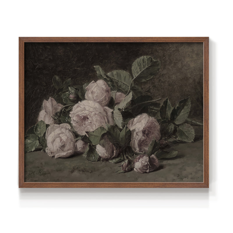 Motif floral rétro - XLV - reproduction encadrée, H 11 po x l 14 po, Noyer