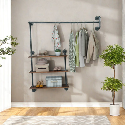 Industrial Pipe  Hanging Rods Clothing Rack With 3 Tier Shelves, Heavy Duty Garment Rack Display Rack On Wall For Hanging Clothes Retail Display, Black