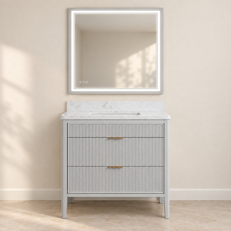Meuble-lavabo sur pied gris mat de 91 cm avec lavabo intégré et miroir de courtoisie à DEL de 91 x 91 cm., Grey