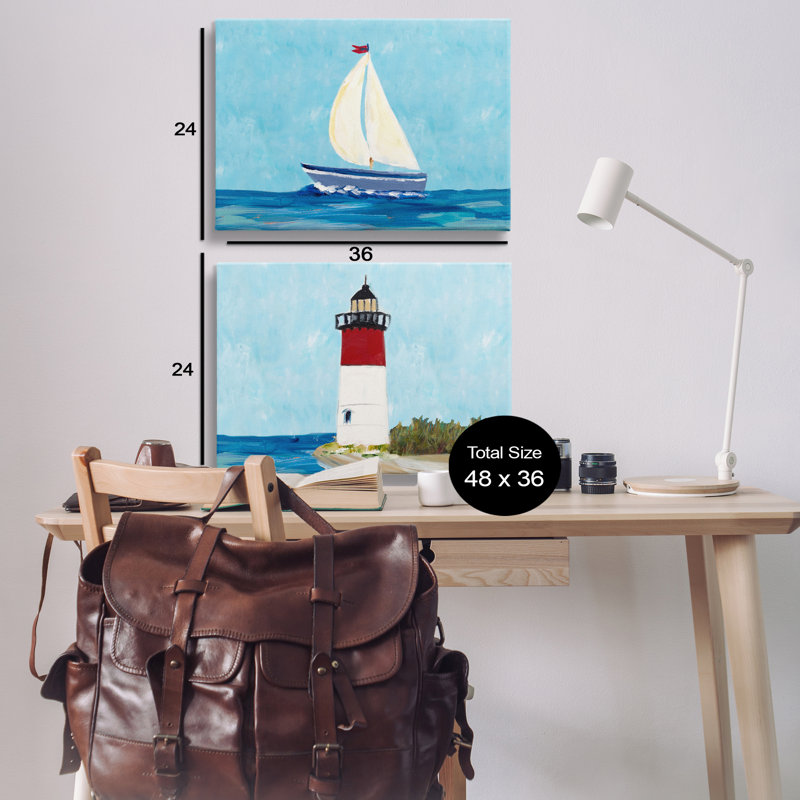 Ensemble d'art mural sur toile 2 pièces Nautical Sail the Sea Lighthouse par Julie Derice, H 24 po x l 36 po