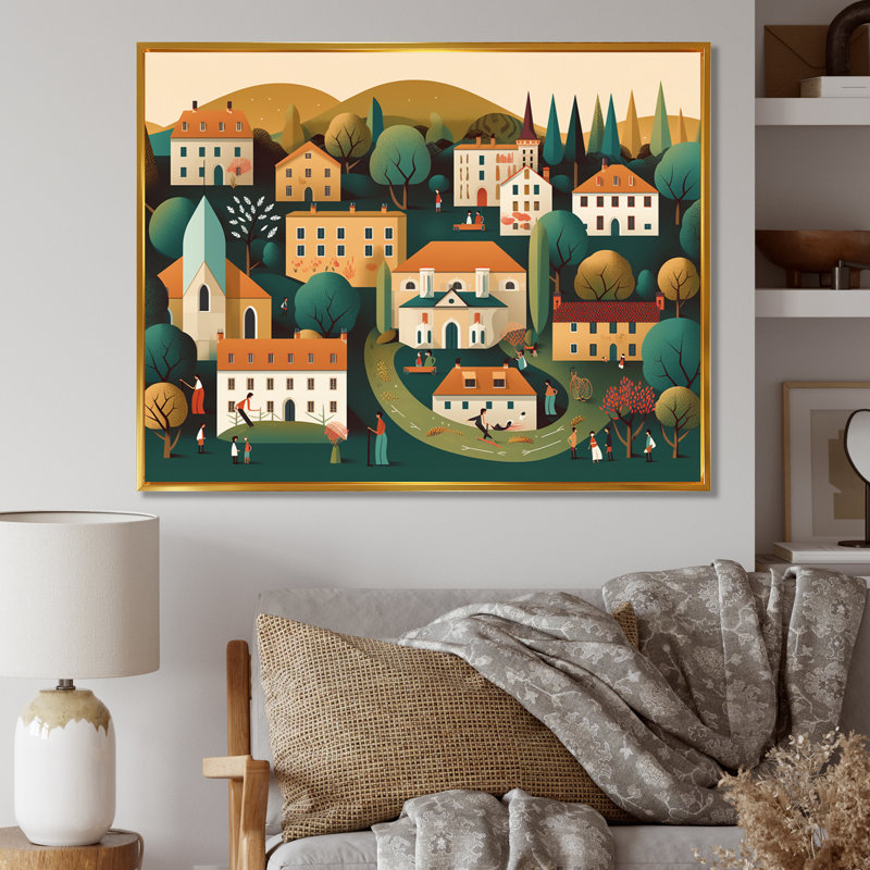 «Small Town Village I», reproduction d'art sur toile, H 24 po x l 32 po x P 1 po, Cadre flottant doré