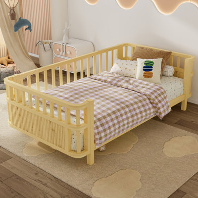 Twin Size Natural Wooden Platform Bed with Railings - Perfect for Kids (Girls & Boys)
