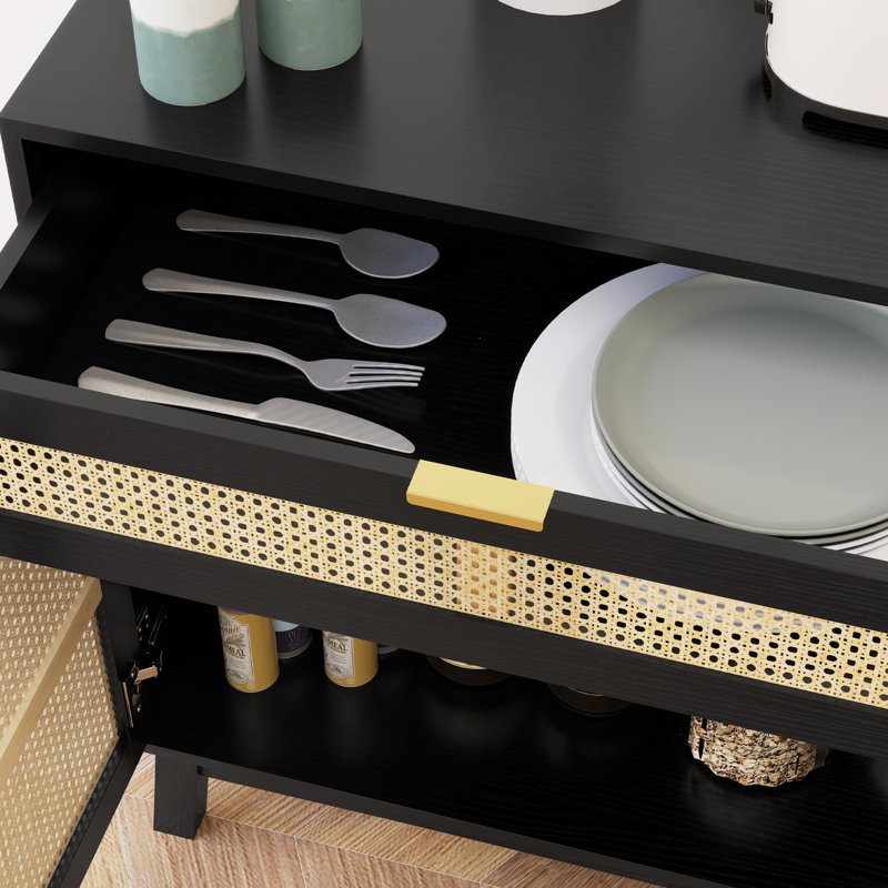 Buffet Boho avec portes en rotin, Noir, noir, noir, noir