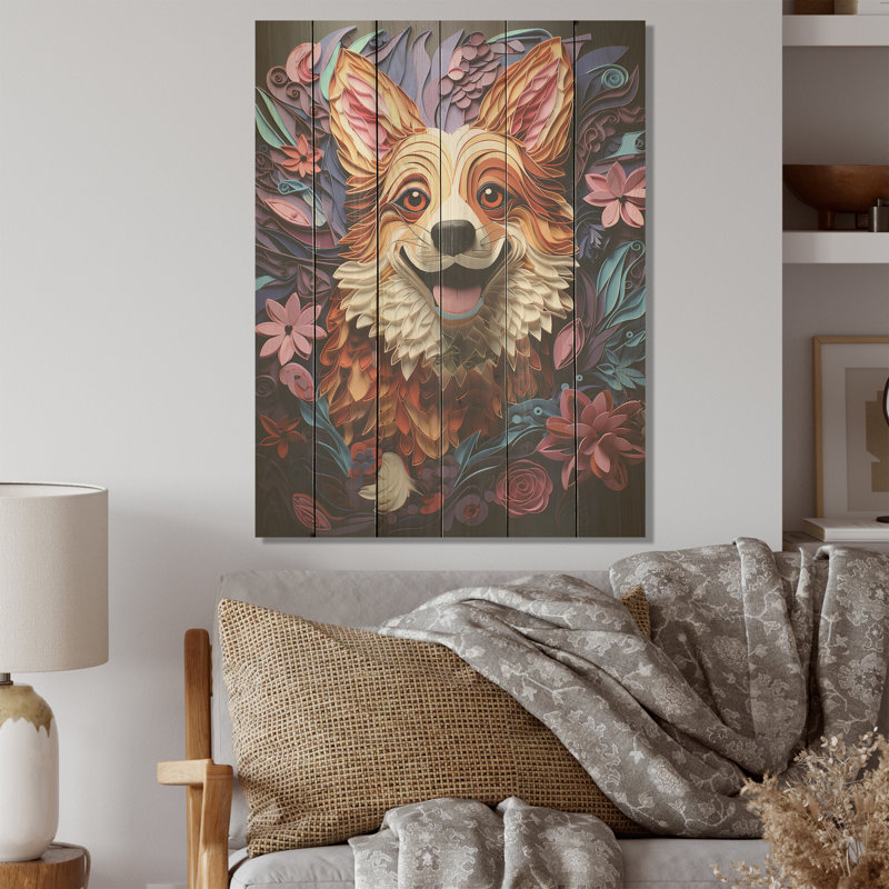 Corgi Charm - art mural en bois de chien sur bois de pin naturel, H 32 po x l 24 po
