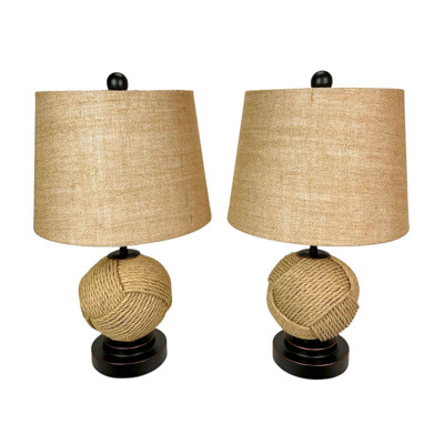 Coastal Nautical Set of 2 Natural Rope and Resin Table Lamps with Fabric Shades, 19 Inches High