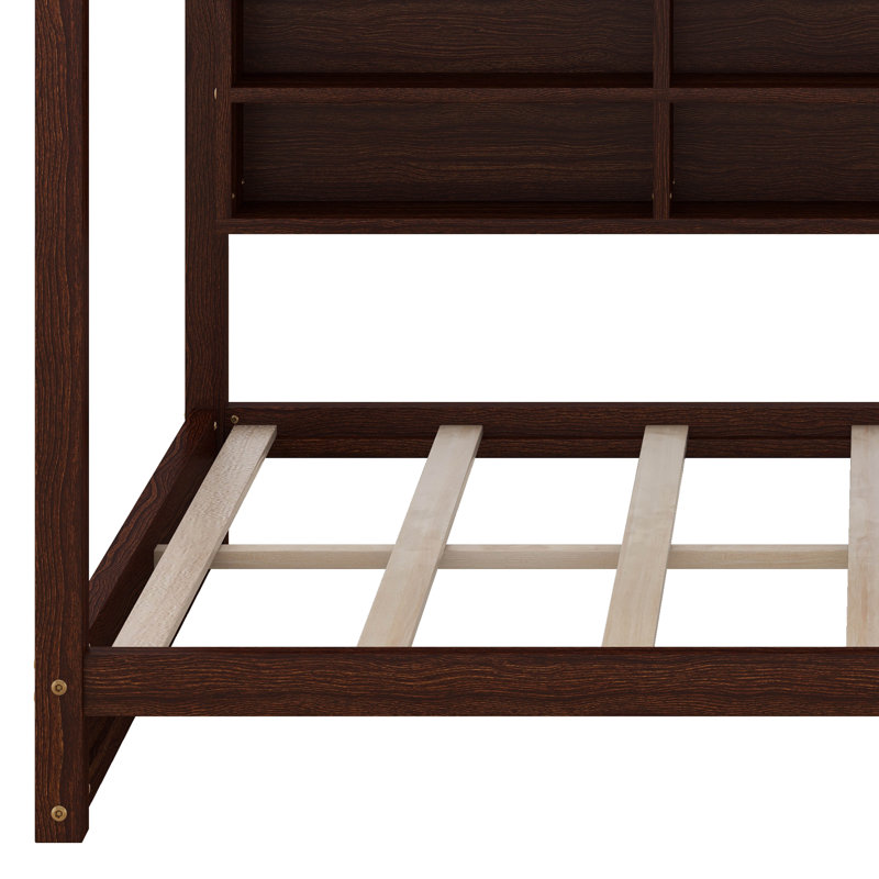 Queen Over Queen Bunk Bed, Solid Wood Bunk Bed Frame With Built-In Storage Cabinets, Station, Ladder, Safety Guardrails