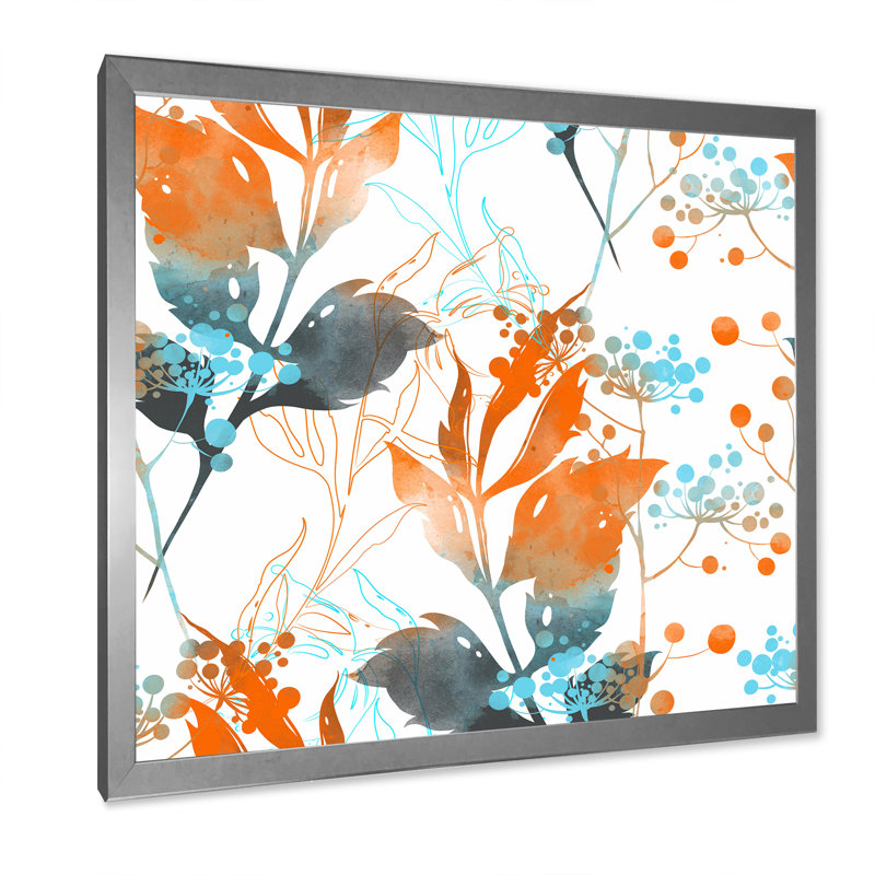 Boho orange et feuilles bleues - reproduction d'art sur toile traditionnelle, H 16 po x l 16 po x P 1 po, Cadre photo argenté