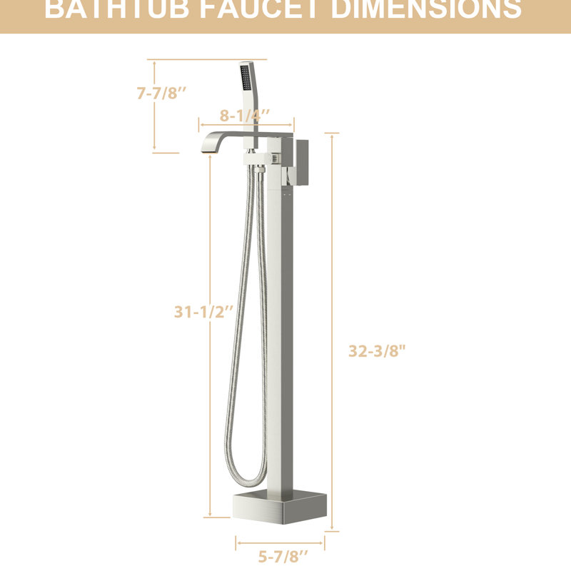 Robinet de baignoire fixé au sol en nickel brossé, double réglage de la température, technologie Splash, nickel facile à installer avec rotation du bec à 360 °, noyau rouille, douche à main incluse