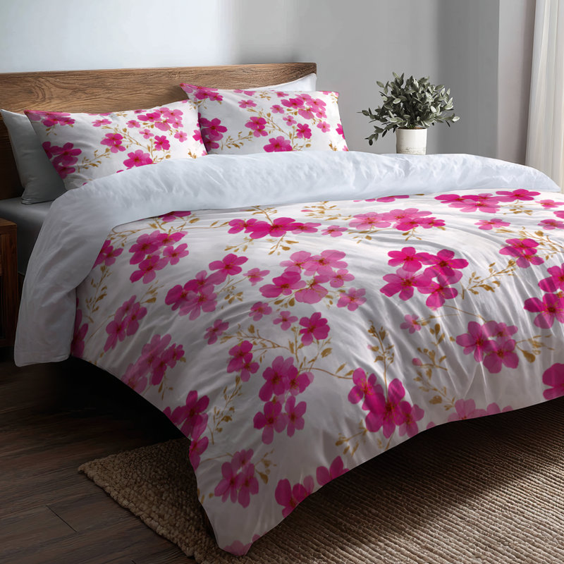 Ensemble de literie à motif floral 3 pièces - housse de couette et coussin décoratif rose fuchsia