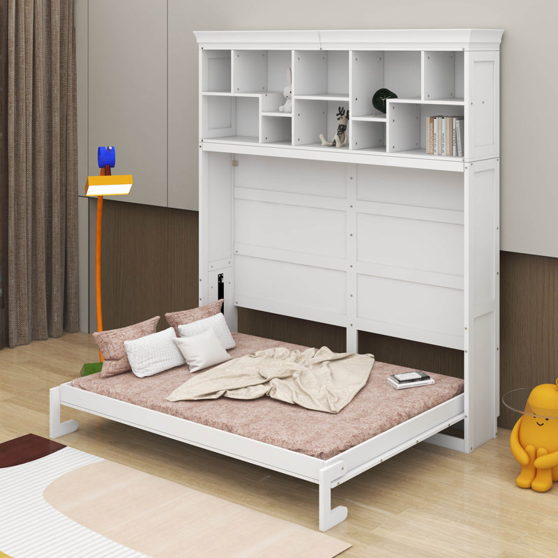 Grand lit escamotable avec tablettes supérieures et USB, Blanc