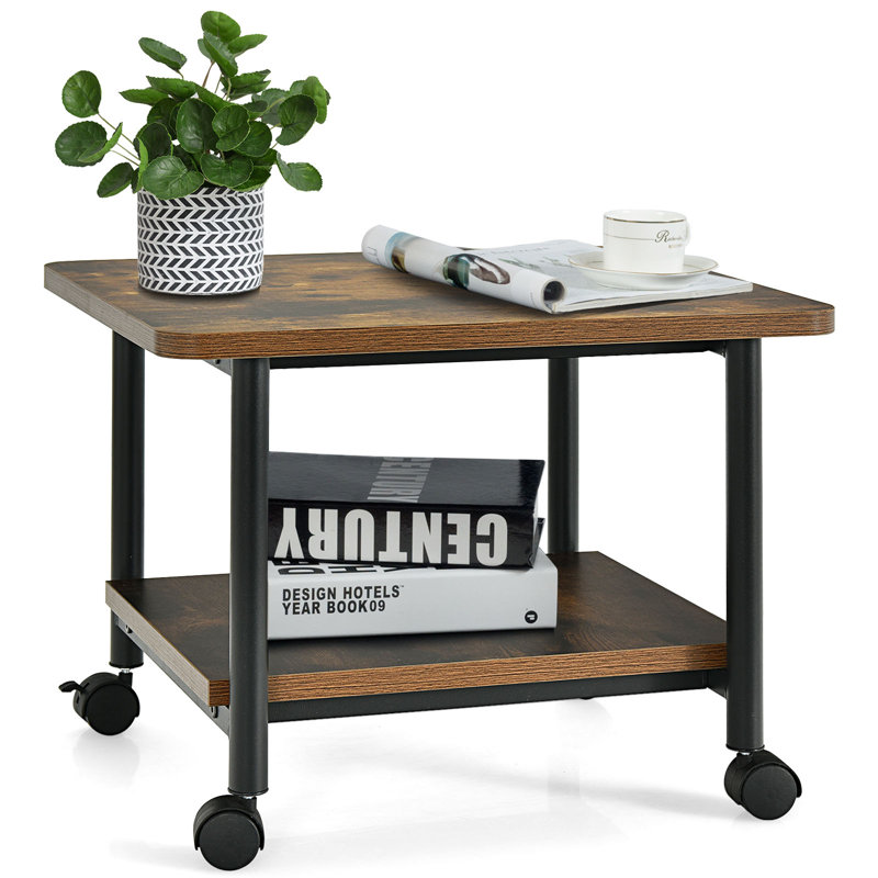 Brown 2-Tier Rolling Under Desk Printer Stand with Storage Shelves