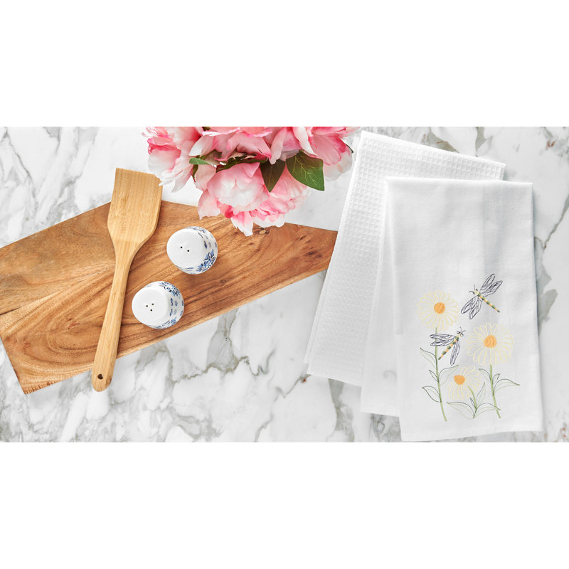 Dragonflies & Daisies Embroidered Cotton Flour Sack Kitchen Dishtowel