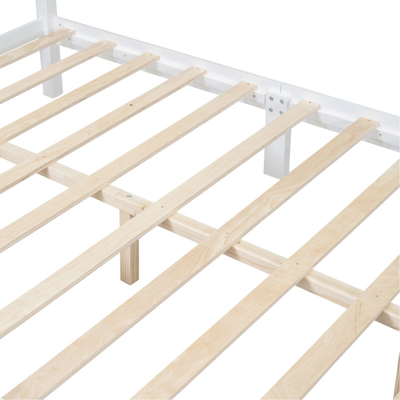 Cadre de lit plateforme grand lit en bois, lit plateforme de style rétro avec support en lattes de bois, blanc