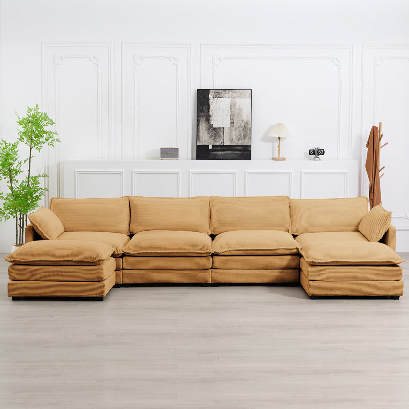 Canapé modulaire en U rembourré de 148 po 6 pièces Redenius, Velours côtelé jaune