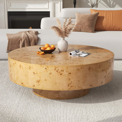 Handcrafted Burl Wood Round Coffee Table with Strudy Pedestal, Mid-Century Modern Solid Wood Coffee Table for Living Room